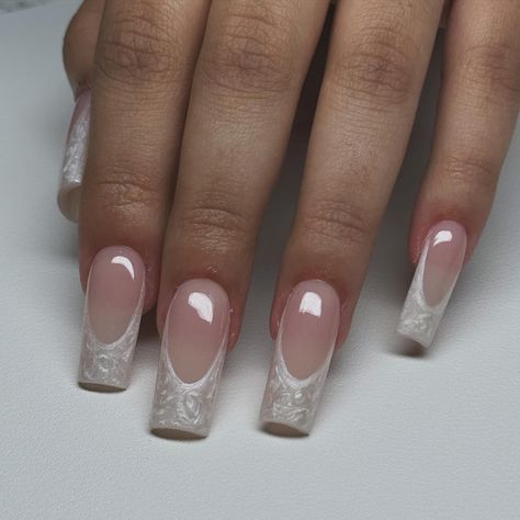 pearl tips 🤍✨🐚 #rgvnails #956nailtech Pearl White French Tip Nails Square, Pearly Nails Square, White Pearl French Tip Nails, Pearly French Nails, Pearl French Tip Nails Square, Pearly French Tip, Nail Designs With Pearls, Pearl French Nails, Pearl Wedding Nails