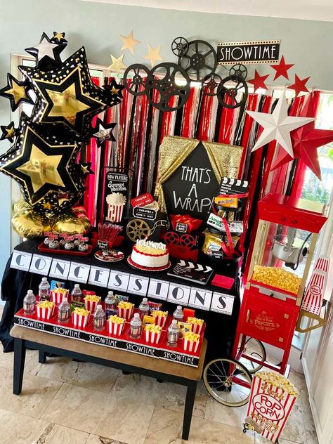 Movie Night Graduation/End of School Party Ideas | Photo 1 of 14 | Catch My Party Graduation Night Party Ideas, Movie Night Dessert Table, Movie Party Theme Ideas, Movie Party Table Decor, Theater Theme Grad Party, Movie Themed Graduation Party, Movie Theme Table Decorations, Movies Birthday Party Ideas, Cinema Birthday Party Ideas