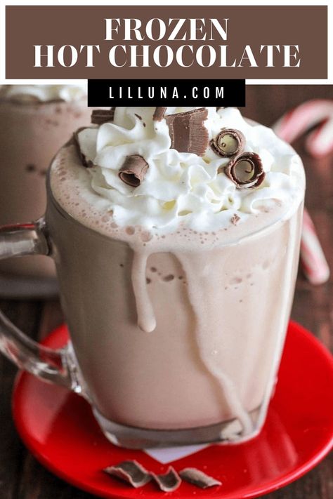 Frozen Hot Chocolate only takes 3 ingredients and a few minutes to make! Top it off with whipped cream and chocolate curls for a real treat. #frozenhotchocolate #hotchocolate #hotcocoa #chocolate #drink Iced Hot Chocolate, Frozen Hot Chocolate Recipe, Vanilla Ice Cream Recipe, Make Top, Frozen Hot Chocolate, Chocolate Drink, Chocolate Curls, Mexican Hot Chocolate, Chocolate Powder