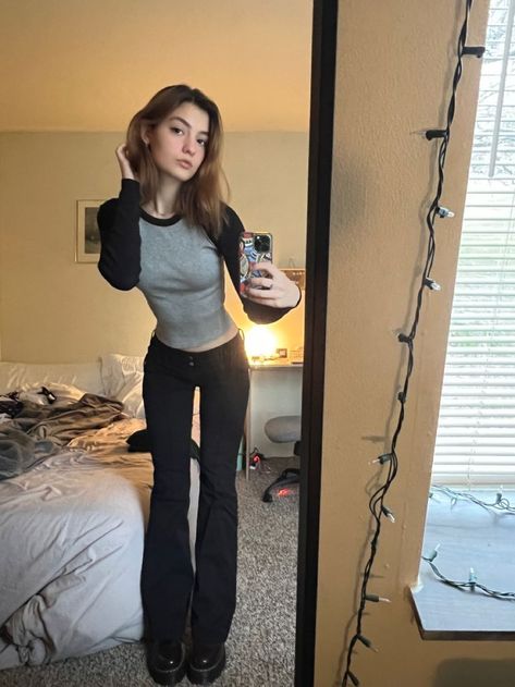 Agatha Pants Outfit, Longsleeves Outfit Aesthetic, Agatha Pants, Low Rise Flare Pants, Brandy Melville Usa, Downtown Outfits, Fire Fits, Downtown Girl, Doc Martens