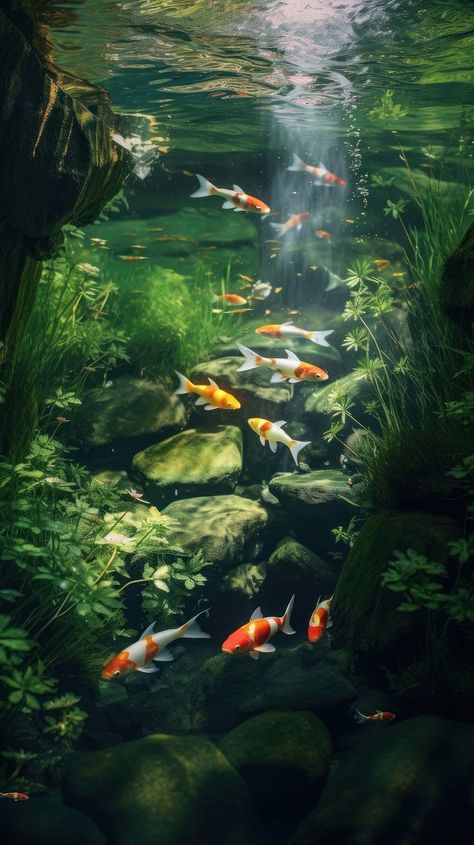 Koi fish animal carp underwater. | Free Photo - rawpixel Fish Desktop Wallpaper, Fish Wallpaper Desktop, Koi Fish Pond Aesthetic, Koi Pond Aesthetic, Koi Fish Underwater, Underwater Pond, Underwater River, Koi Swimming, Koi Wallpaper