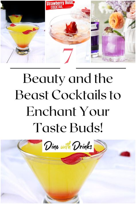 Collage of 4 beauty and the beast cocktails. Beauty And The Beast Themed Cocktails, Beauty And The Beast Signature Drinks, Beauty And The Beast Themed Drinks, Beauty And The Beast Cocktails, Beauty And The Beast Themed Dinner, Beauty And The Beast Drinks, Beauty And The Beast Menu Ideas, Beauty And The Beast Food Ideas, Beauty And The Beast Dinner And A Movie