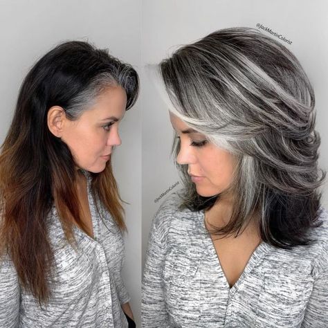 Medium Layered Gray Hairstyle Medium Brunette Hair, Grey Hair Transformation, Grey Hair Inspiration, Blond Balayage, Medium Layered Hair, Haircut Curly, Medium Length Hair With Layers, Natural Wavy Hair, Blending Gray Hair