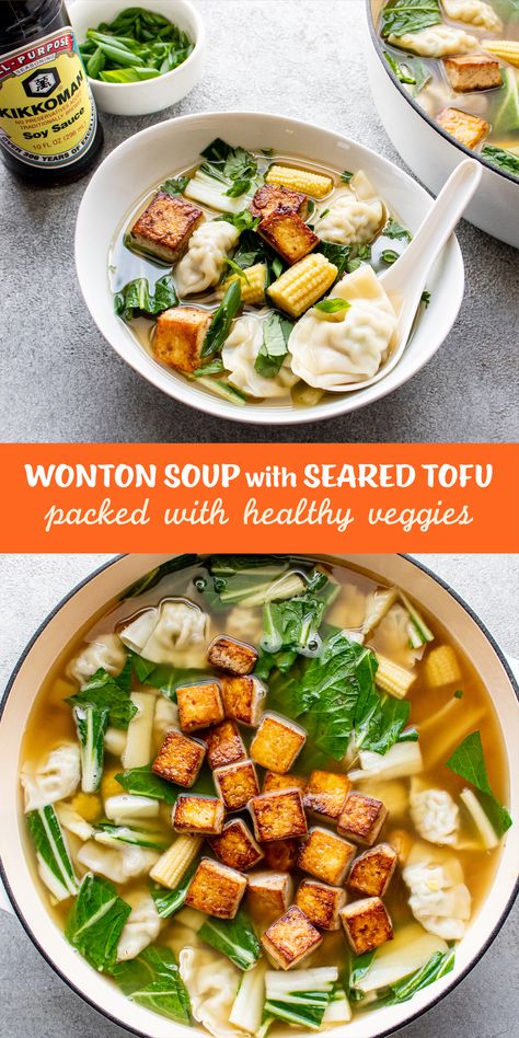 Soup With Wontons, Seared Tofu, Veg Meals, Easy College Meals, Vegetarian Comfort Food, Vegetarian Soup Recipes, Marinated Tofu, Dumplings For Soup, Dinner Plans