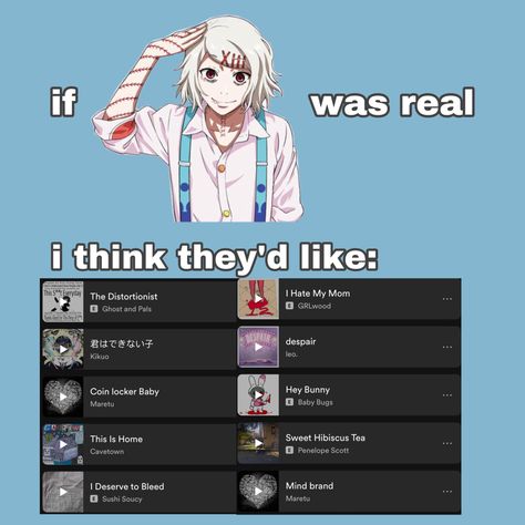 Juuzou And Haise, Cute Playlist, Spotify Playlist Anime, Juuzou Suzuya Aesthetic, Juuzou Suzuya Cosplay, Anime Playlist, Character Playlist, Juuzou Suzuya Wallpapers Dark, Best Spotify Playlists