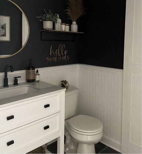 30 Amazing Wainscoting Bathroom Ideas You Will Love Shaker Style Wainscoting Bathroom, Bathroom Dark Grey Walls, Two Toned Bathroom Walls, Waynes Coating Bathroom, Dark Wainscoting, Half Wall Decor, Bathroom Wainscoting Ideas, Half Bathroom Makeover, Bathroom Ideas Tiny