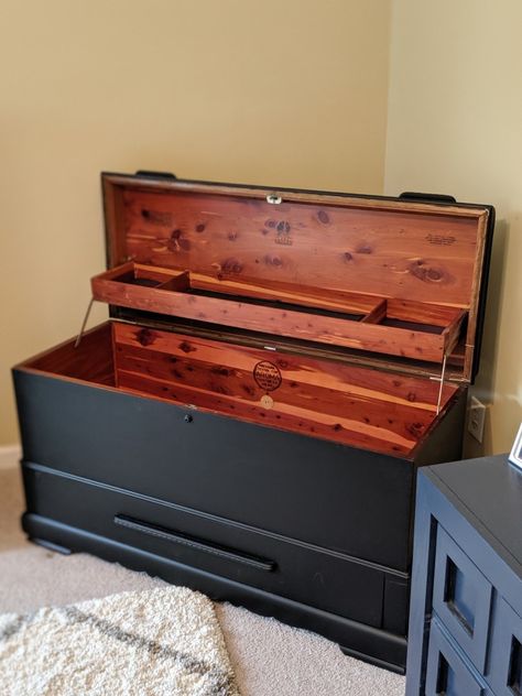 Refurbished Hope Chest Ideas, Diy Hope Chest Makeover, Refurbished Cedar Chest Ideas, Repurposed Cedar Chest, Wooden Chest Makeover, Townhouse Entry, Painted Hope Chest, Cedar Bedroom, Refurbished Chest