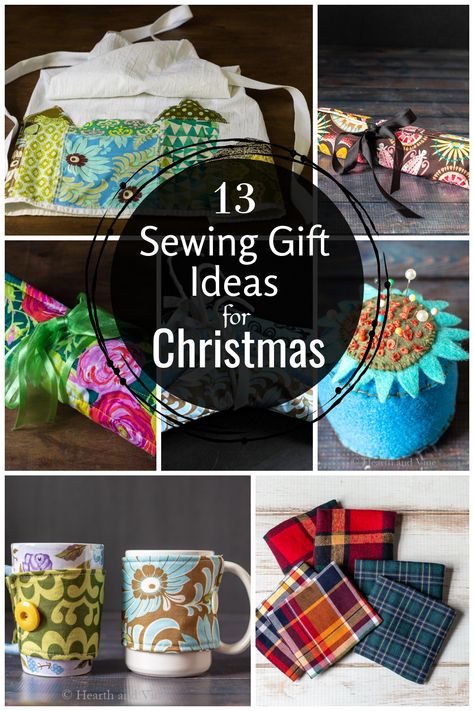 Collage of sewing gifts including hand warmers, mug covres, pin cushions, apron and makeup roll. Useful Sewn Gifts, Sewable Christmas Gifts, Easy Sewing Projects For Christmas Gifts, Quick Quilted Gifts, Christmas Gifts For Sewers, Quick Sewn Gifts, Home Sewn Christmas Gifts, Easy Sewn Christmas Gifts, Quick Easy Sewing Gifts