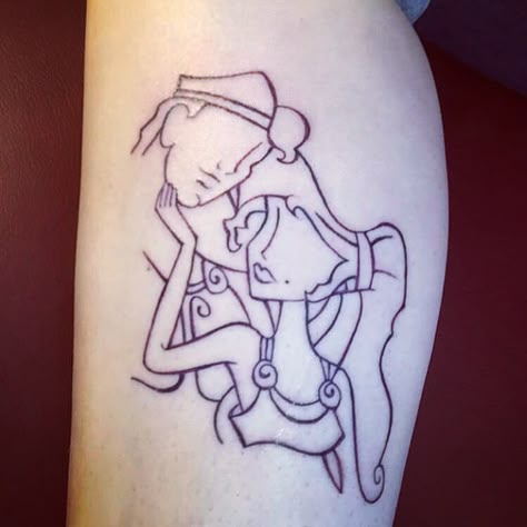 My new tattoo, Hercules and Meg from Disney  it's all done in deep purple Hercules Couple Tattoo, Meg Tattoo Disney, Meg And Hercules Tattoo, Hercules And Meg Tattoo, Hercules Disney Tattoo, Disney Hercules Tattoo, Hercules Tattoos, Hercules And Meg, Hercules Tattoo