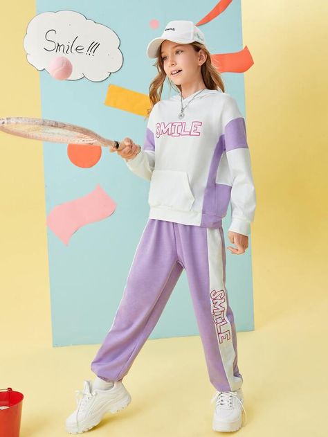 Girls Letter Graphic Hoodie & Sweatpants | SHEIN USA Girls Sports Wear, Kids Athleisure, Teen Trends, Sports Wear Women, Girls Fall Outfits, Carters Girl, American Girl Clothes, Hoodie And Sweatpants