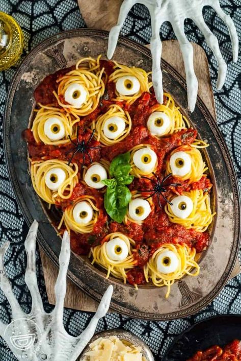 Spooky Halloween Spaghetti and Eyeballs - Little Sunny Kitchen Spaghetti And Eyeballs Recipe, Halloween Spaghetti And Meatballs, Spaghetti And Eyeballs, Halloween Salads, Halloween Spaghetti, Vegetarian Pasta Sauce, Pumpkin Zucchini Bread, Quick Pasta Sauce, Pumpkin Zucchini