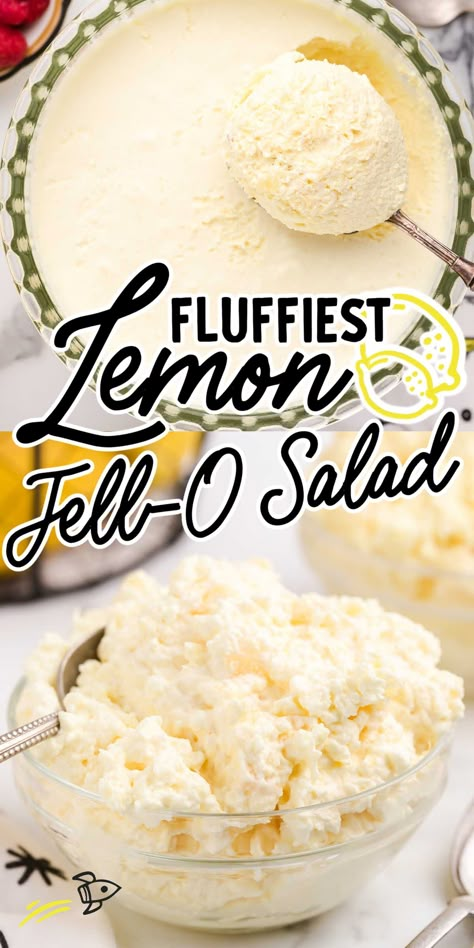 Sweet and citrusy, this lemon fluff salad is a bright and fun dessert salad that is always a hit when served at potlucks and on special occasions. Fluffy Jello, Lemon Jello Salad, Fluff Salad Recipes, Jello Salads, Jello Dessert Recipes, Lemon Cheesecake Bars, Lemon Jello, Fluff Recipe, Fluff Desserts