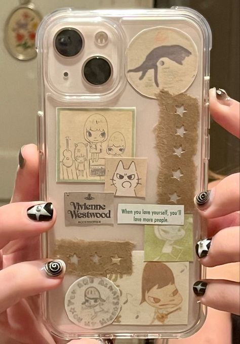 Yoshitomo Nara Phone Case, Clear Phone Case Decorations, Phone Case With Stickers, Decorated Phone Cases, Phone Case Inspiration, Phone Collage, Phone Case Collage, Clear Phone Case Design, Diy Phone Case Design