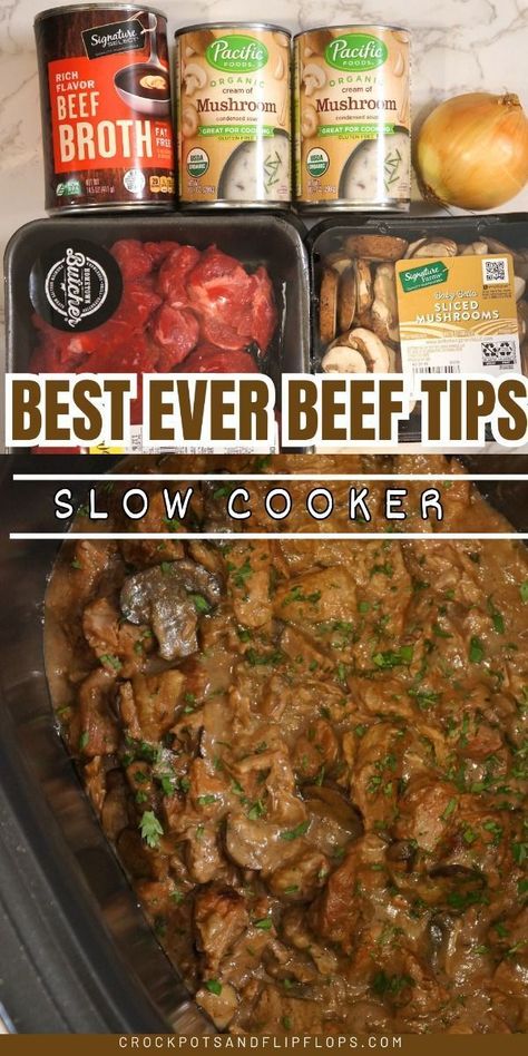 This beef tips recipe is a great fix-it and forget meal that you can prepare in the morning and let cook all day in the Crock Pot. This classic dish is sure to be a family favorite. This easy slow cooker recipe only requires a few ingredients and can be made for lunch or dinner. Try it today! Beef Tip Recipes Crockpot, Beef Tips With Mushrooms, Beef Tips Slow Cooker, Slow Cooker Beef Tips, Crockpot Beef Tips, Beef Tips Recipe, Crock Pot Beef Tips, Beef Tip Recipes, Crockpot Recipes Beef Stew