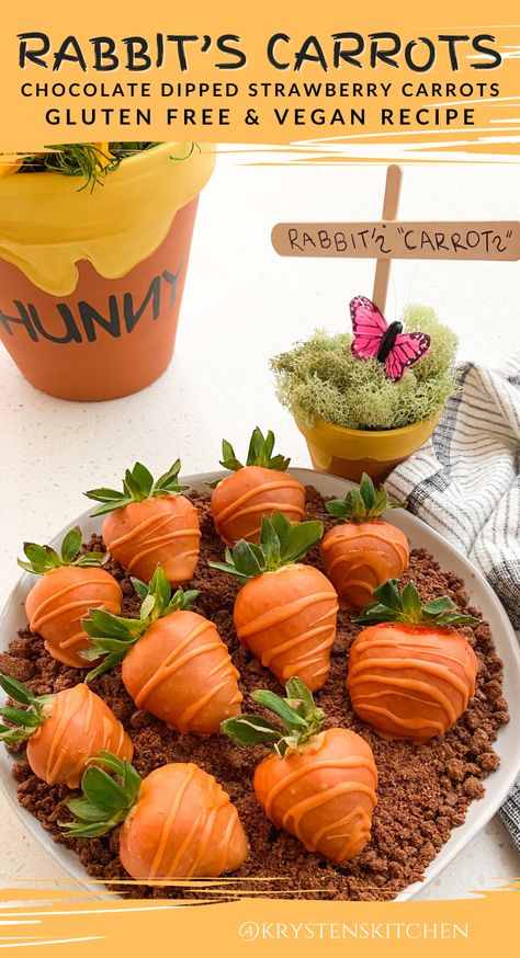 Rabbit’s Carrots | Chocolate Dipped Strawberry Carrots for a Winnie the Pooh themed party Winnie The Pooh Themed Party, Strawberry Carrots, Diy Decorations Party, Easy Diy Decorations, Party Favor Food, Carrot Dip, Orange Food Coloring, Strawberry Baby, Berry Cake