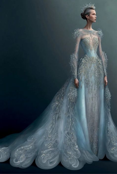 Ice Queen Ball Gown, Ice Queen Gown, Princess Dress Fantasy, Scifi Fashion, Ice Clothes, Ice Queen Dress, Snow Queen Costume, Ice Queen Costume, Ice Dress