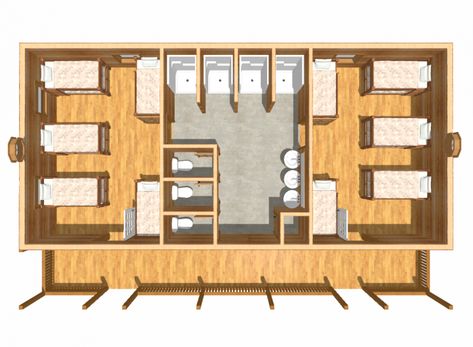 Summer Camp Cabin Layout, Moose Lodge, Dormitory Room, Hostels Design, Tiny House Village, Log Cabin Kits, Bunk Rooms, Cabin Floor Plans, Boarding House