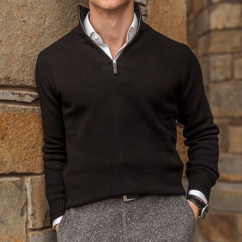 Look great going straight from Business Casual Fridays at the office to after work drinks with our Lambswool Quarter-Zip Pullover! #menswear #classicmenswear #classicmenstyle #mensfashion #mensfashiontips #menstyleguide #sweaters #lambswool #knitwear #sweaterweather #sweaterseason #madeinscotland #fallfashion #winterwear #winstonandco #dapper #gent #black Quarter Zip Business Casual, Black Quarter Zip Outfit Men, Black Quarter Zip Outfit, Quarter Zip Outfit Men, Quarter Zip Outfit, Male Type, Vest Outfits Men, Suits Ideas, Work Ootd