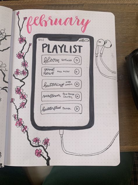 February Journal Spread, Bulett Journal Ideas February, Febuary Spreads Bullet Journal, Journal Ideas February, Bullet Journal Febrero, February Monthly Spread, Playlist Bullet Journal, February Playlist, February Bullet Journal Cover