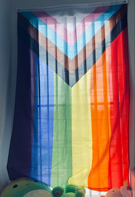 Pride House Decor, Flag Hanging Ideas, Flag On Ceiling, Pride Flag Bedroom, Gay Room Aesthetic, Flag On Wall, Gay Room, Rainbow Flag Pride, Bedroom Signs