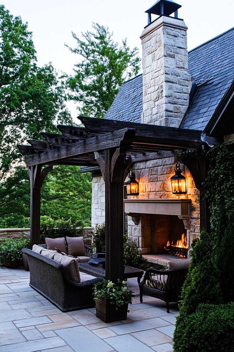 50+ Creative Covered Patio Ideas Attached to House with Fireplace Outdoor Covered Patio With Fireplace, Outdoor Patio Fireplace, House With Fireplace, Covered Pergola Patio, Rustic Outdoor Fireplaces, Covered Patio Ideas, Rustic Houses, Outdoor Fireplace Kits, Two Sided Fireplace