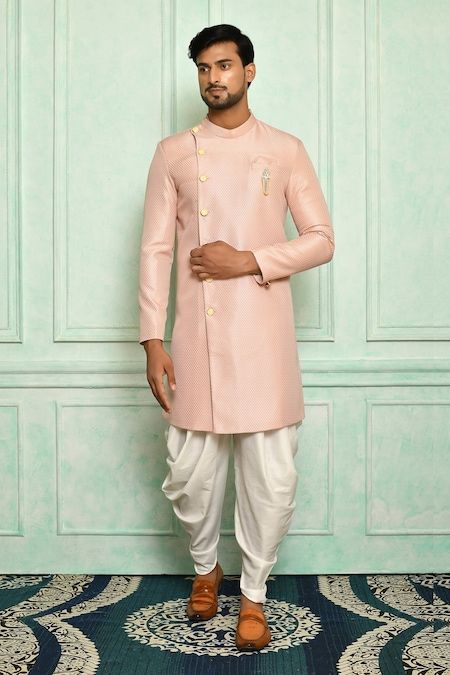 Buy Pink Sherwani Jacquard And Dhoti Pant Set For Men by Adara Khan Online at Aza Fashions. Varun Chakkilam, Pink Sherwani, Black Sherwani, Embroidery Abstract, Embroidered Sherwani, Placement Embroidery, Kurta Set For Men, Dhoti Pants, Nehru Jackets