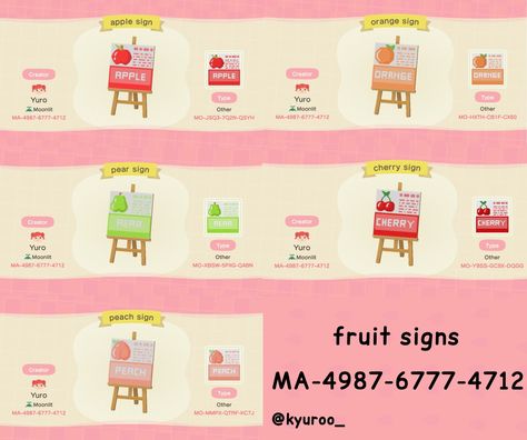 fruit signs for animal crossing new horizons. MA-4987-6777-4712 Acnh Fruit Design, Acnh Smoothie Stall, Animal Crossing Fruit Sign, Animal Crossing Fruit Stand, Animal Crossing Food Stalls, Acnh Fruit, Fruit Stall, Peach Drinks, Apple Types