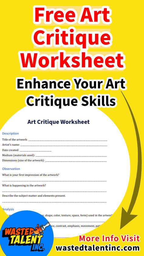 Enhance Art Skills with a Free Art Critique Worksheet by Wasted Talent Inc. Download my free worksheet now, free for use for all students.
Art Critique | Art Critique Worksheet | Art Critique For Kids | Art Critique Questions | Art Critique Worksheet High School | Art Critique Example | Art Critique Worksheet Elementary | Art Critique Words | Art Critique Ideas | Art Critique Worksheet for Kids How To Critique Writing, Peer Critique In Art, How To Critique Art, Art Critique Worksheet, Art Tips For Beginners, Wasted Talent, High School Art Critique, Art Critique, Words Art