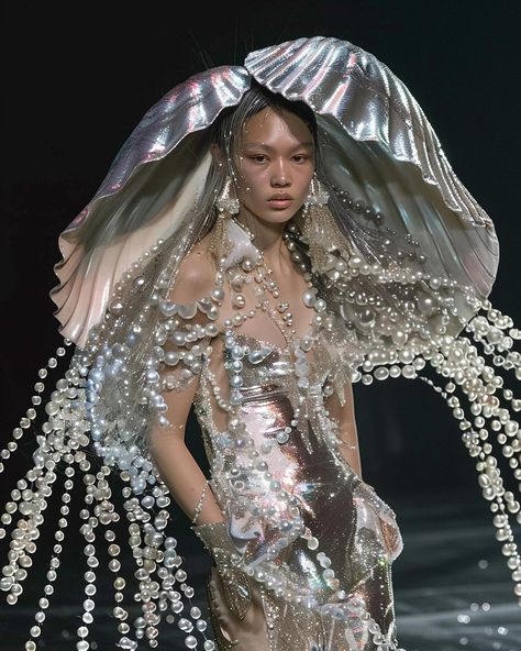 Gilded Tides ✨ Opulent Atlantis inspired beauty moment @ Fashion Week | Instagram Runway Fashion Couture, Mode Chanel, Mode Design, Mermaid Fashion, Fantasy Fashion, Costume Design, Couture Fashion, Runway Fashion, Veil