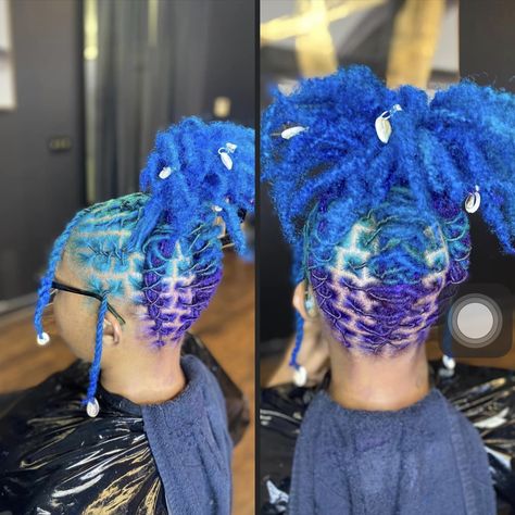 Loc Hairstyles Half Up Half Down, Purple And Green Locs, Locs Hairstyles Barrel Twist, Pineapple Ponytail With Locs, Bright Summer Hair Color, Dye Locs Black Women, Dreadlock Color Ideas Black Women, Turquoise Locs, Dyed Dreads Black Women