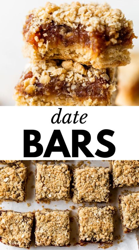 These easy Date Bars are a delightful sweet treat made with a buttery crust, a jammy date filling, and a pecan-oat crumble on top. Every bite tastes like nostalgia, with warm, comforting flavors and sweet dried fruit! Date Crumble Bars, Chewy Date Bars, Date And Oat Bars, Fruit Oat Bars, Pecan Date Bars, Homemade Date Bars, Date Squares Healthy, Dates Baking Recipes, Date Baking Recipes