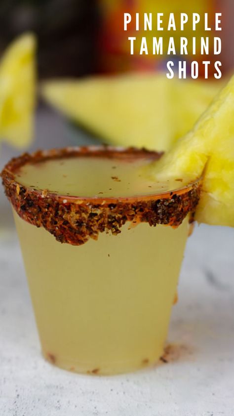 Drinks With Chamoy Rim, Mexican Drink Recipes Cocktails, Chamoy Drinks Recipes, Tajin Alcohol Drinks, Tajin Jello Shots, Drinks With Tajin Rim, Tamarind Vodka Cocktail, Tamarind Vodka Recipes, Tequila Shots Recipes