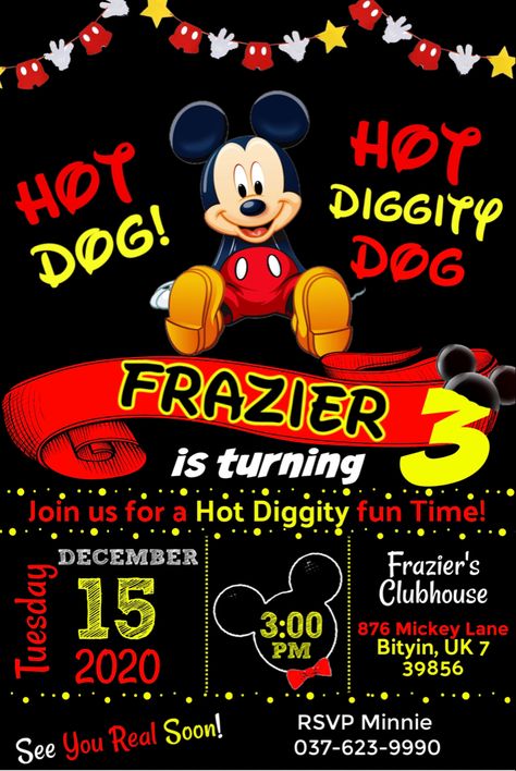 Hot Diggity Dog Invite Mickey Mouse Theme Party, Hot Diggity Dog, Mickey 1st Birthdays, Toy Story Invitations, Twodles Birthday, Minnie Mouse Birthday Party Decorations, Mickey Mouse Themed Birthday Party, Mickey Mouse Birthday Invitations, Mickey Mouse Invitations