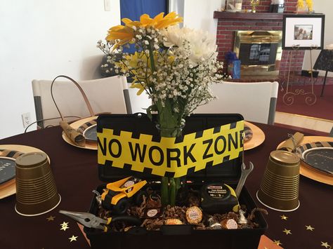 I couldn't find a retirement party centerpiece for a construction worker so this is what I came up with - super simple and easy!! Retirement Construction Party, Construction Retirement Party Ideas, Construction Retirement Cake, Retirement Party Table Centerpieces, Decorations For Retirement Party, Retirement Party Ideas For Men, Diy Table Decorations, Retirement Party Centerpieces, Retirement Party Themes