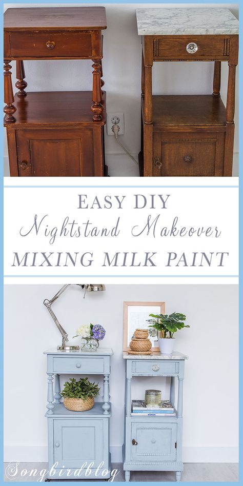 DIY night stand makeover. Change the color of a nightstand! I love this painting bedside tables idea. These fun nightstands received a milk paint makeover to make them a matching pair. What a great way to paint a nightstand shabby chic. Repainting Nightstand Diy, Painted Bedside Tables Night Stands, Painting Bedside Tables Ideas, Fun Nightstands, Thrifted Nightstand, Refurbished Night Stand Ideas, Renovated Furniture, Bedside Table Makeover, Diy Nightstand Makeover