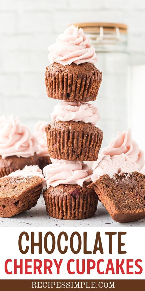 These Chocolate Cherry Cupcakes are packed with juicy cherry pie filling and topped with a sweet and tangy cherry buttercream frosting. Cherry Pie Cupcakes, Chocolate Cherry Cupcakes, Cherry Cupcakes, Moist Cupcakes, Fun Cupcake Recipes, Lemon Cupcakes, Strawberry Cupcakes, Cupcake Pan, Cherry Juice