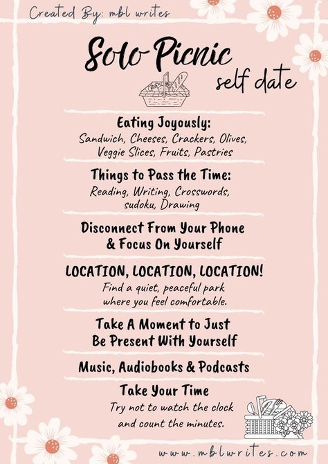 Solo Picnic Date Schedule - CLICK for FREE printable Solo Picnic Date Schedule + template. picnic date ideas. picnic food ideas. picnic ideas alone. picnic date alone. #picnic #datingyourself #picnicalone #picnicideas #picnicschedule Picnic Ideas Activities, Date Ideas For Singles, Picnic Date Quotes, Date Ideas For Yourself, Dating Self, Free Solo Date Ideas, Self Love Picnic, Picnic For One Person, Self Picnic