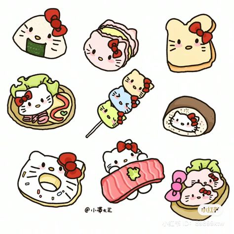 Hello Kitty Food Drawing, Sanrio Food Drawing, Hello Kitty Doodle, Sanrio Doodles, Hello Kitty Food, Homemade Stickers, Cute Easy Doodles, Cute Doodle, Kitty Art