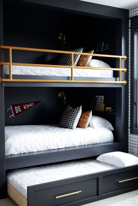 T Shaped Bunk Beds, Built In Bunk Room Ideas, Plans For Bunk Beds, Diy King Bunk Bed, Built In Bunk Beds In Wall Farmhouse, Built In Bunk Bed Plans Diy, Bunks For Small Rooms, Adult Bunk Beds Guest Rooms Modern, Game Room With Bunk Beds