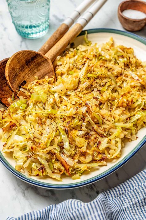 Mom’s sautéed cabbage is super simple to make and full of tender, soft cabbage with crispy bits around the edges that’s buttery and so delicious! Sauteed Cabbage And Carrots, Balsamic Cabbage, Sautéed Cabbage, Veggie Fried Rice, Baked Cabbage, Pork Chops And Gravy, Sauteed Cabbage, Cabbage And Bacon, Whole Roasted Chicken