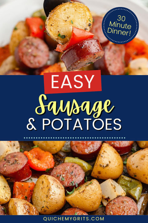 A skillet filled with browned sausage slices, golden potatoes, and colorful bell peppers, all coated in savory seasonings. Turkey Sausage And Potatoes Recipes, Andouille Sausage And Potatoes, Sausage And Potatoes Casserole, Sheet Pan Sausage And Potatoes, Baby Gold Potatoes, Sausage Potato Casserole, Turkey Sausage Recipes, Sheet Pan Sausage, Sausage And Potatoes