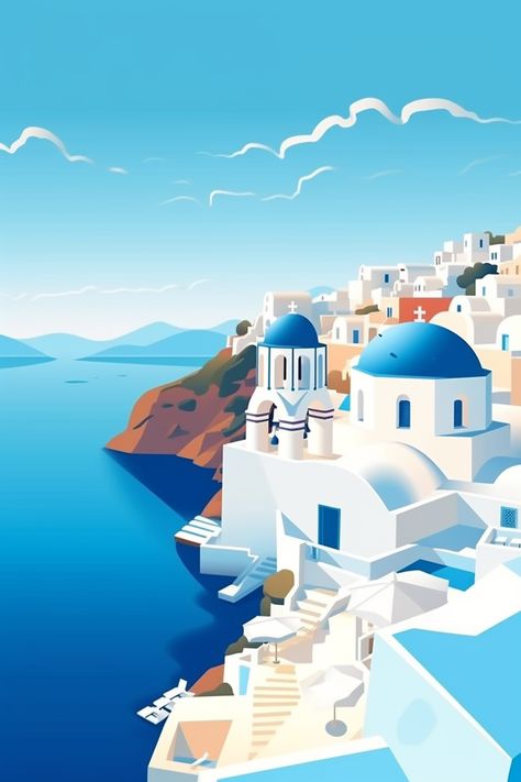 i'd like to share my art here.🤗 Santorini Landscape, Aesthetic Greece, Wanderlust Decor, Greece Art, Posca Art, Colorful Illustration, Architecture Poster, Art Gallery Wallpaper, Affordable Art Prints