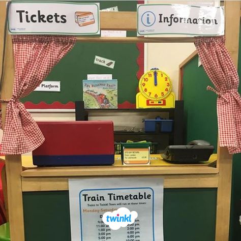 Brilliant train station role play classroom area. Sign up to Twink to download the role play pack, containing train station tickets, timetables, display signs, banners and more! #trains #transport #tickets #roleplay #station #trainstation #timetable #classroom #eyfs #earlyyears #twinkl #twinklresources #nursery #play #indoorplay #teaching #teacher #parenting #homeeducation #diykids Train Role Play Eyfs, Trains Eyfs Activities, Train Station Role Play Eyfs, Train Station Classroom Theme, Train Dramatic Play Preschool, Train Station Dramatic Play Preschool, Train Dramatic Play, The Train Ride Eyfs Activities, Trains Eyfs