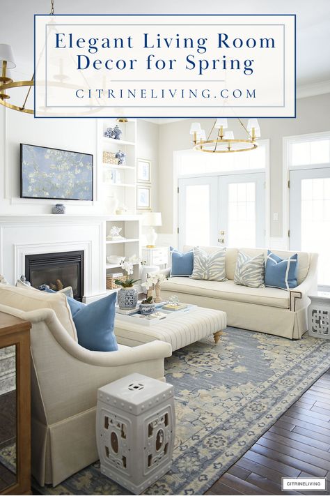 Chic and elegant spring decorating ideas for your living room with gorgeous blue and white hues, chinoiserie touches, beautiful orchids, beautiful hydrangeas, chic pillows and more! Learn how to style your space and achieve an elevated look in your home. See more here: https://citrineliving.com/elegant-living-room-decor-spring/ Blue Formal Living Room Ideas, Coastal Chic Living Room Hampton Style, Southern Living Home Decor Interiors, Traditional Blue Living Room, Serena And Lily Living Room Inspiration, Blue And Cream Living Room Ideas, Chinoiserie Library, Hamptons Style Decor Living Rooms, Blue And White Living Room Coastal