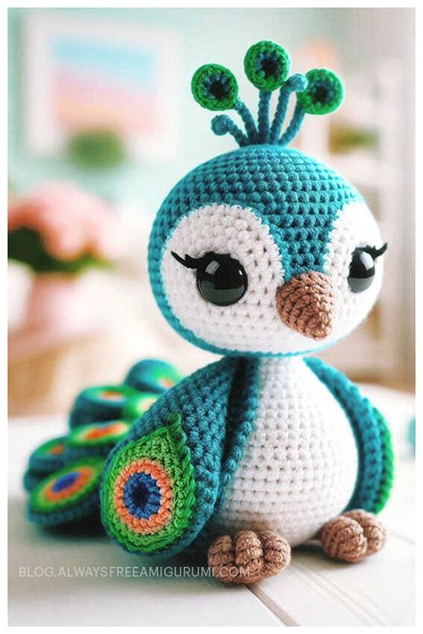 Amigurumi Louis the Peacock Free Crochet Pattern Amigurumi Peacock, Peacock Crochet, Crochet Bird Patterns, Crochet Toys Free, Crochet Birds, Amigurumi Animals, Crochet Animals Free Patterns, Crochet Amigurumi Free, The Peacock