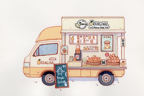 Art Shop Illustration, Food Truck Drawing, Infographic Brochure, Juice Truck, Town Drawing, Interior Design Sketchbook, Shop Drawing, Sweet Drawings, Cute Store