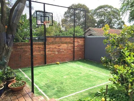 basketball Batting Cage Backyard, Basketball Court Backyard, Playground Landscaping, Backyard Sports, Backyard Basketball, Backyard Trampoline, Diy Playground, Garden On A Hill, Backyard Playground