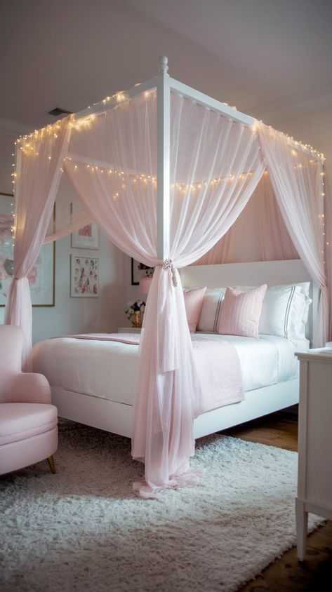 Canopy Bed Ideas Pink, Girls Pink And White Bedroom Ideas, Canopy Bed Teenage Girl, Girls Canopy Bedroom Ideas, Pink Canopy Bed Aesthetic, Canopy Beds For Girls Room, Canopy Over Bed Girls Room, Bed Style Ideas, Pink Bed Frame Bedroom Ideas