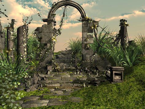 Temple ruins. Jungle scenery with ruins of old temple stock illustration Old Temple Background, Anime Ruins, Enviroment References, Fantasy Temple, Acnh Rooms, Abandoned Temple, Temple Illustration, Jungle Ruins, Old Ruins