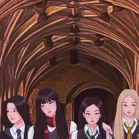 Blackpink Hogwarts, Blackpink Fanart Ot4, Blackpink Fan Art Wallpaper, Blackpink Art Fanart, Blackpink School Memes, Blackpink Fanart, Hogwarts School Of Witchcraft & Wizardry, School Of Witchcraft, Welcome To Hogwarts